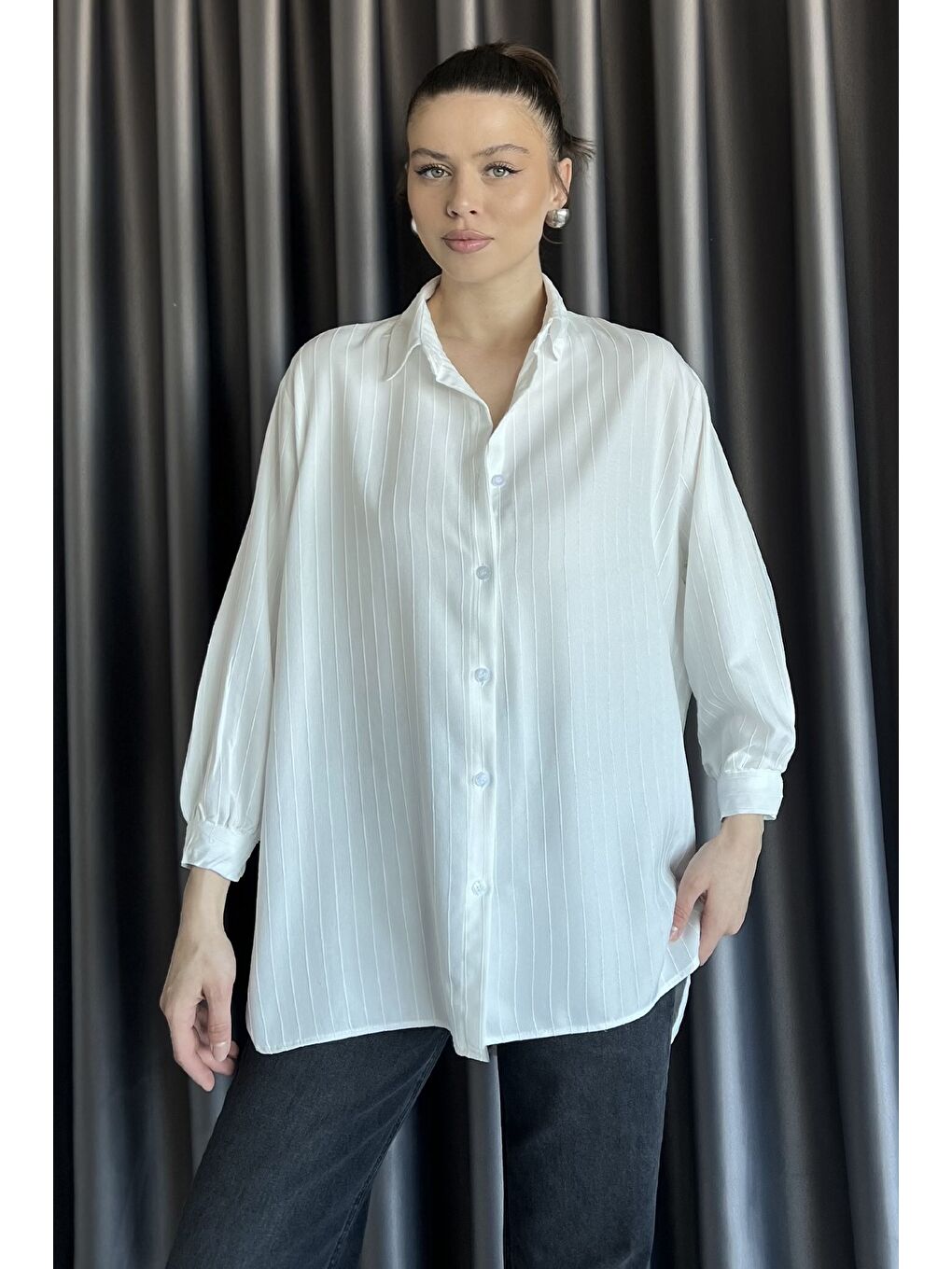 Ekru Kadın Çizgi Desenli Uzun Kol Oversize Gömlek