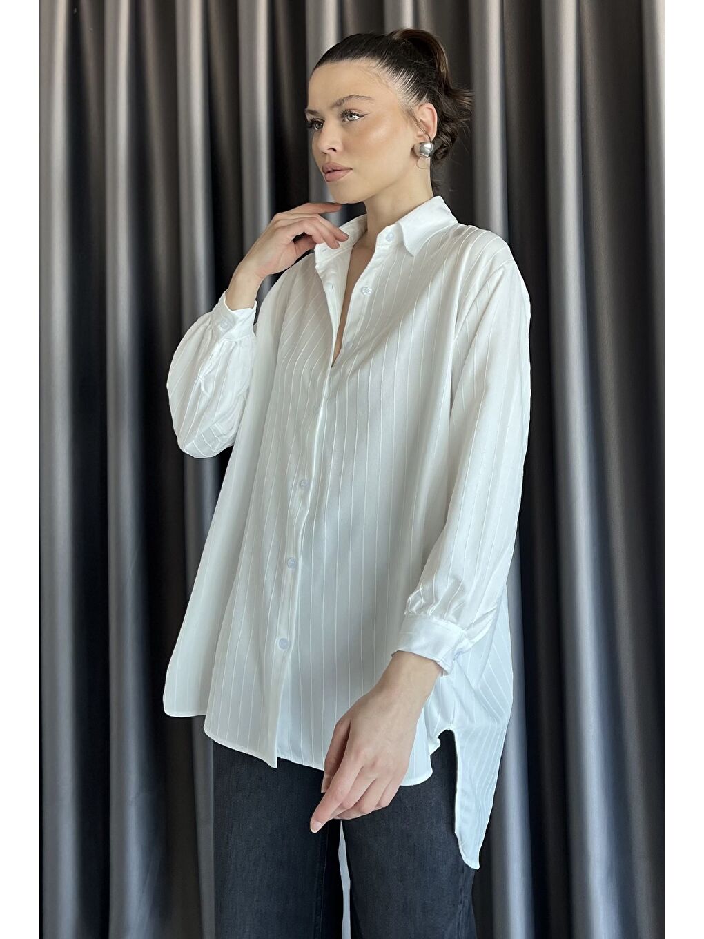 Ekru Kadın Çizgi Desenli Uzun Kol Oversize Gömlek-1