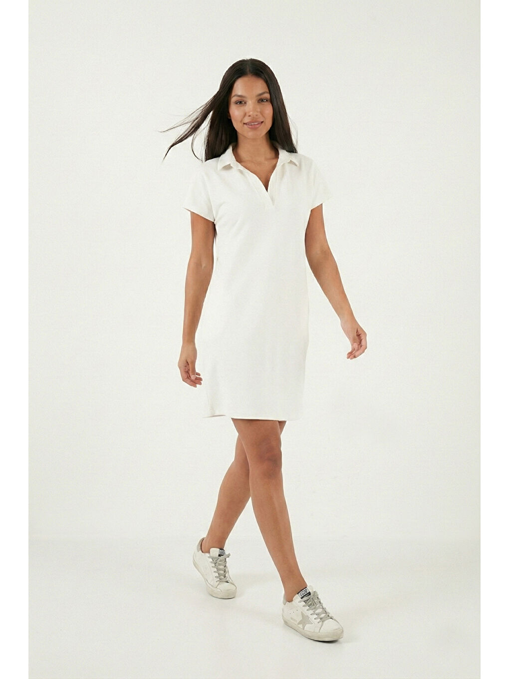 Ekru Regular Fit Polo Yaka Mini Kadın Elbise 5866153-1