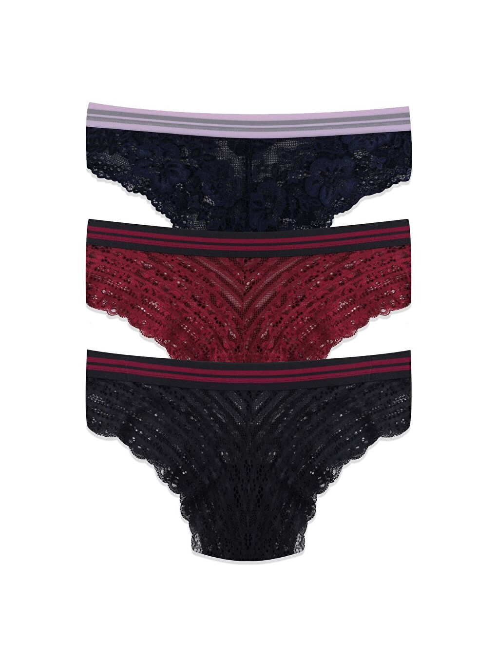 Lacivert Kadın 3'lü Çizgili Lastikli Dantelli Külot