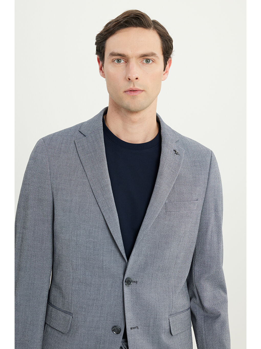 Erkek Gri Slim Fit Dar Kesim Mono Yaka Gofre Desenli Kapak Cepli Esnek Takım Elbise-2