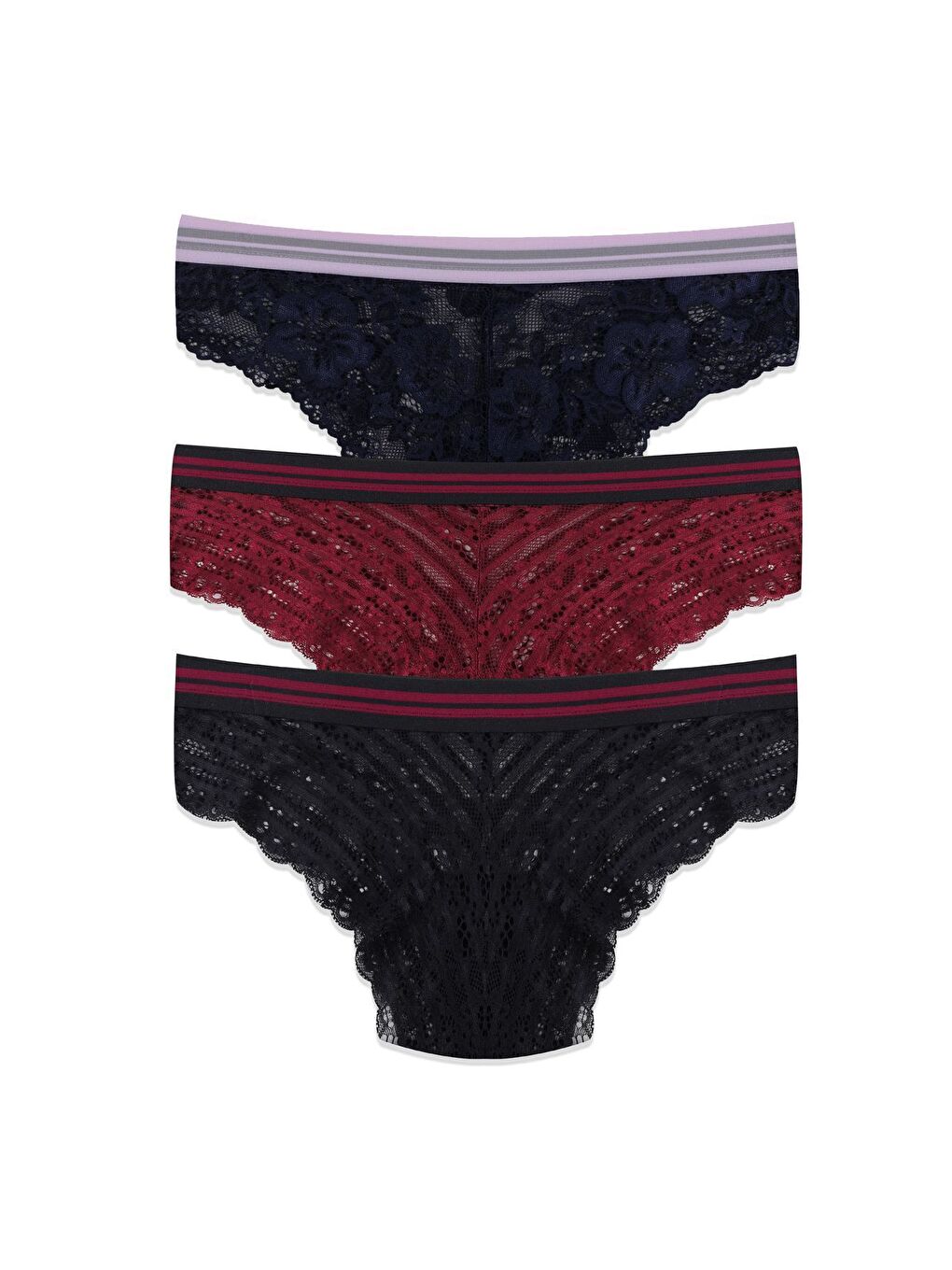 Lacivert Kadın 3'lü Çizgili Lastikli Dantelli Külot-1