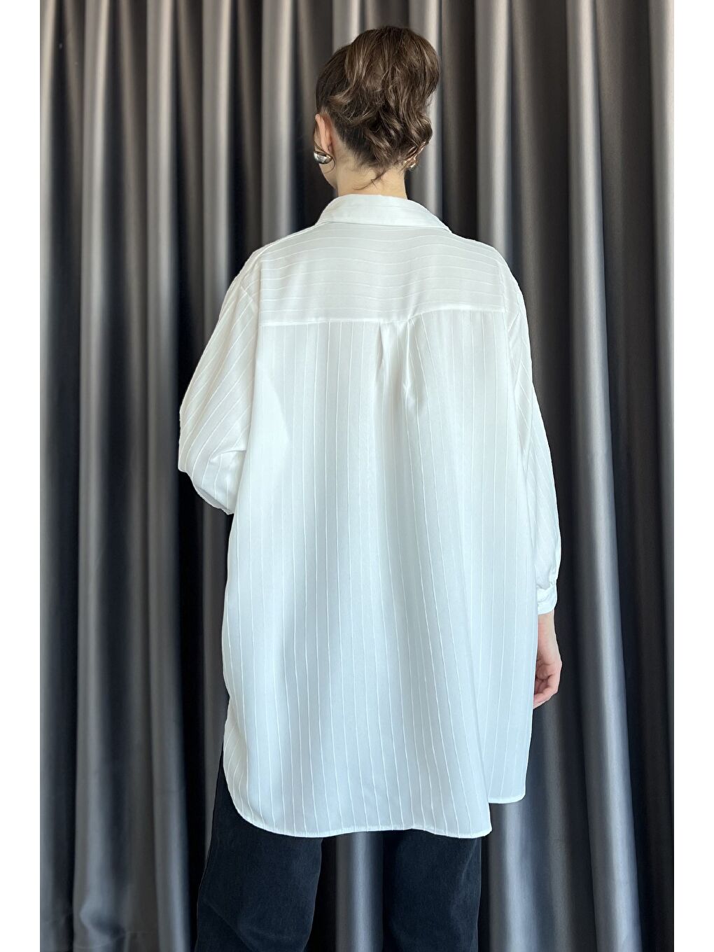 Ekru Kadın Çizgi Desenli Uzun Kol Oversize Gömlek-2