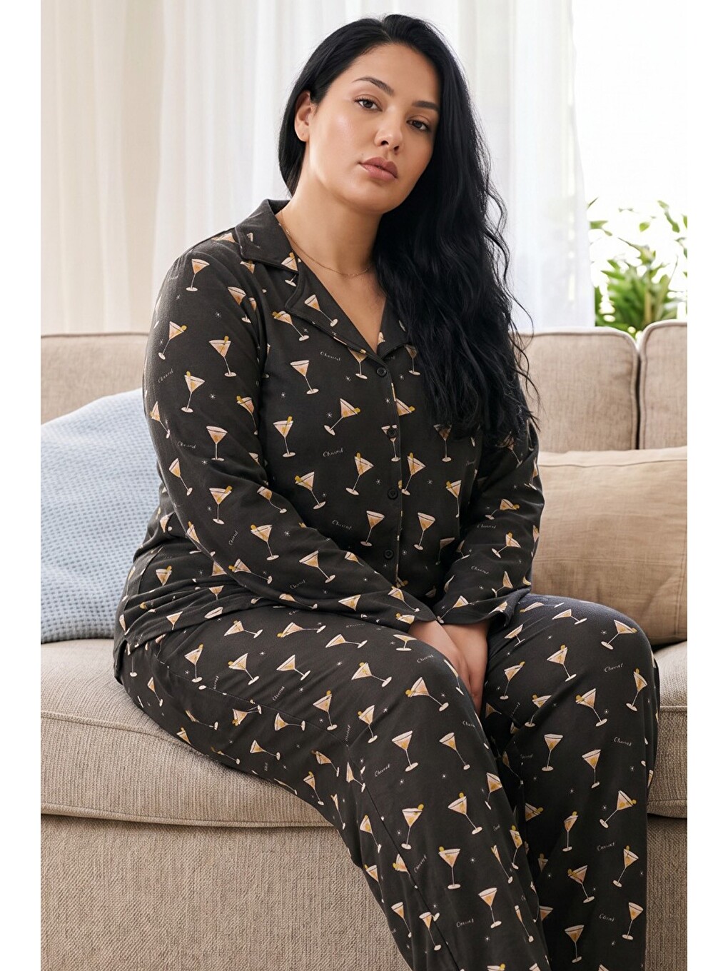 Antrasit Desenli Termal Kumaşlı Ultra Soft Yumuşak Büyük Beden Battal Boy Düğmeli Örme Pijama Takımı