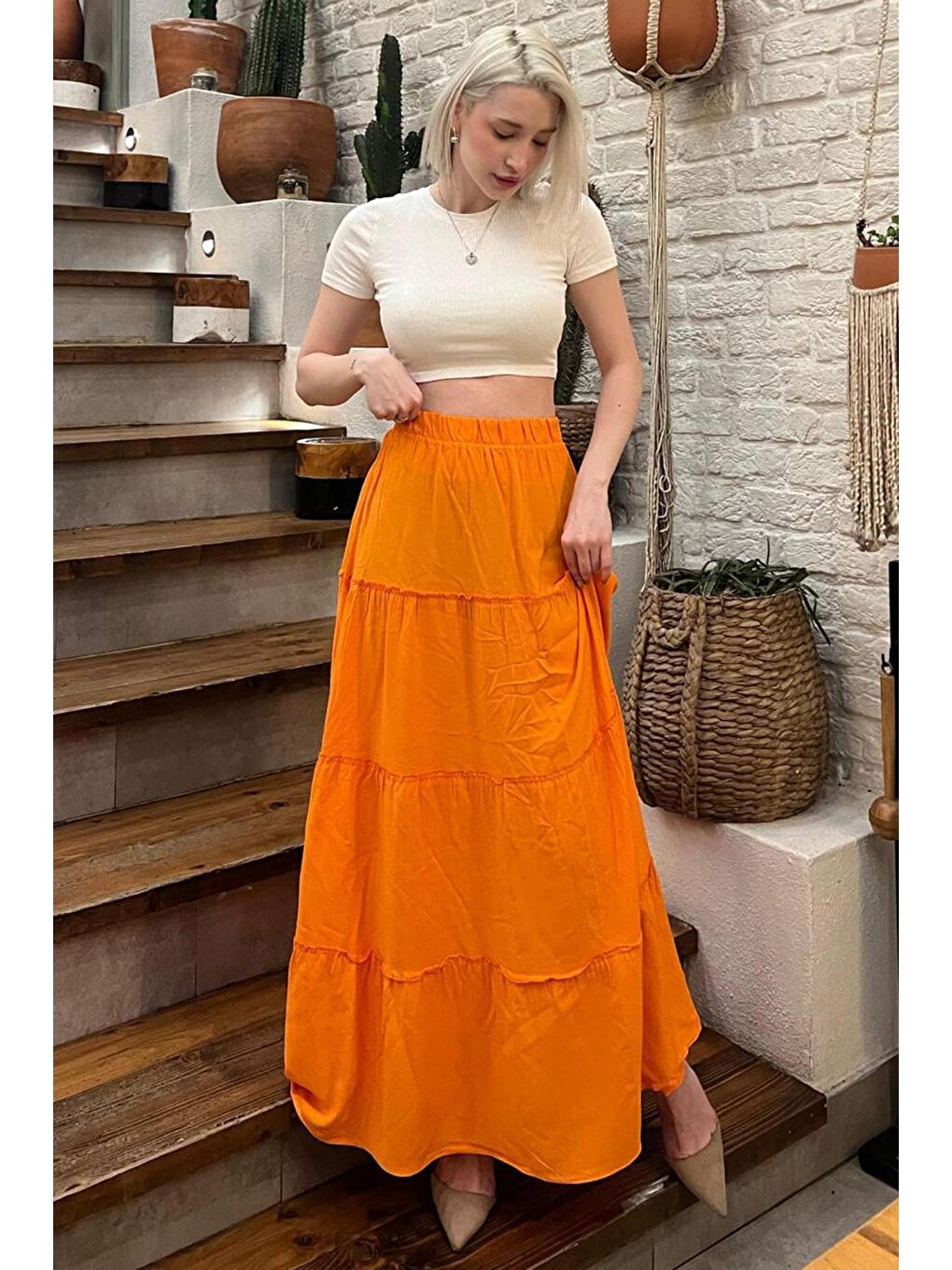 Turuncu Basic Pileli Kadın Uzun Etek-1