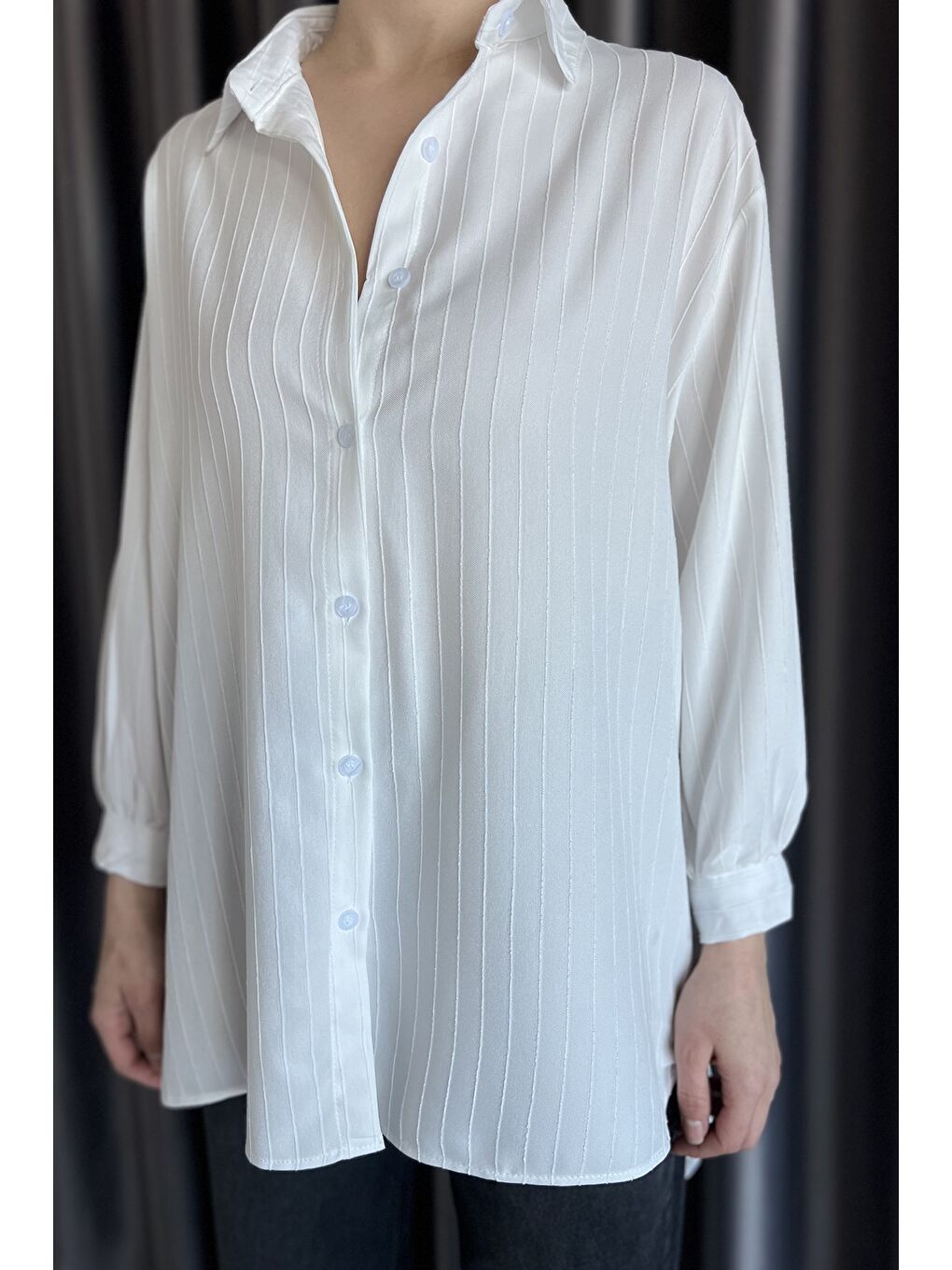 Ekru Kadın Çizgi Desenli Uzun Kol Oversize Gömlek-3