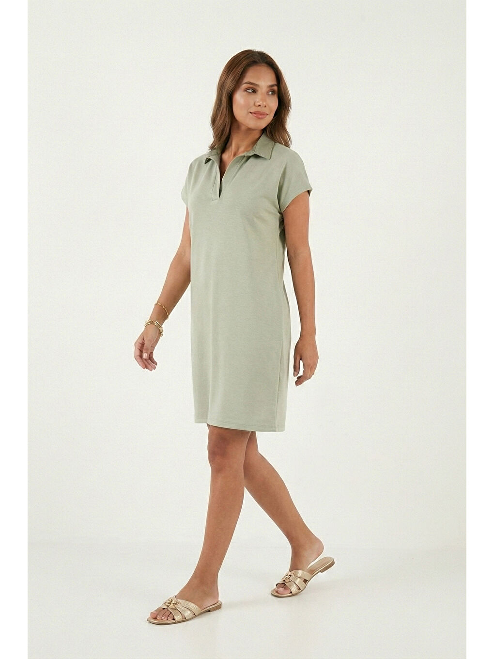 Yeşil Regular Fit Polo Yaka Mini Kadın Elbise 5866153-3