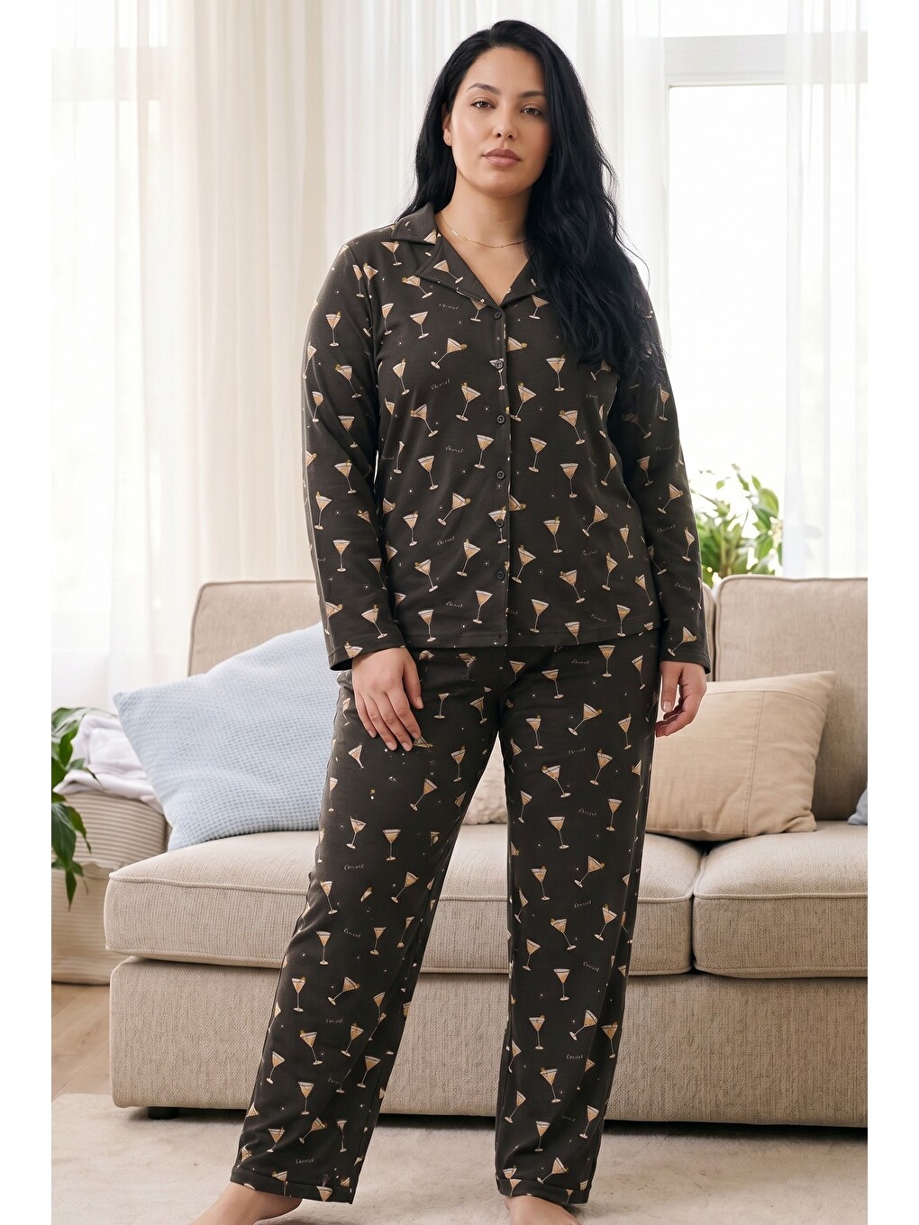 Antrasit Desenli Termal Kumaşlı Ultra Soft Yumuşak Büyük Beden Battal Boy Düğmeli Örme Pijama Takımı-1