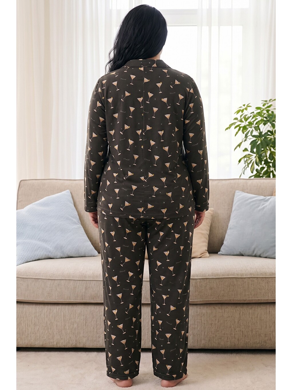 Antrasit Desenli Termal Kumaşlı Ultra Soft Yumuşak Büyük Beden Battal Boy Düğmeli Örme Pijama Takımı-2