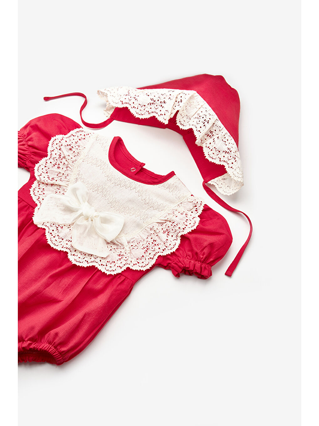 Kırmızı Kısa Kollu Şapka Aksesuarlı Kız Bebek Tulum - Perla-1