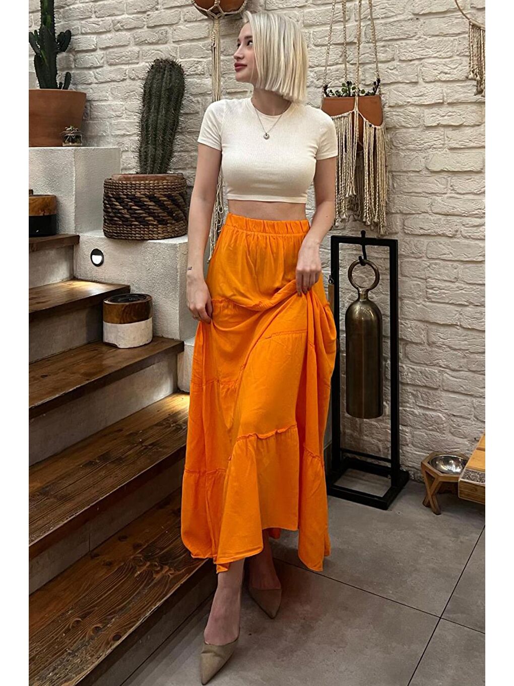Turuncu Basic Pileli Kadın Uzun Etek-2