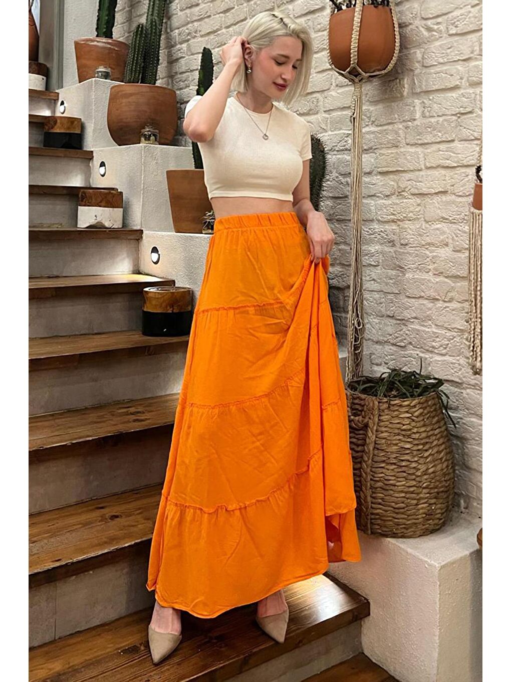 Turuncu Basic Pileli Kadın Uzun Etek-3