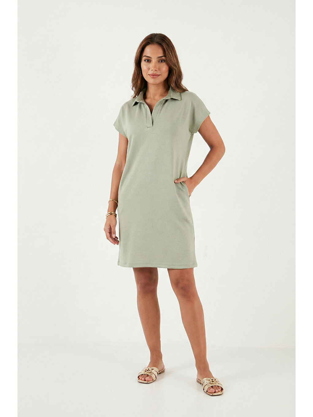 Yeşil Regular Fit Polo Yaka Mini Kadın Elbise 5866153-4