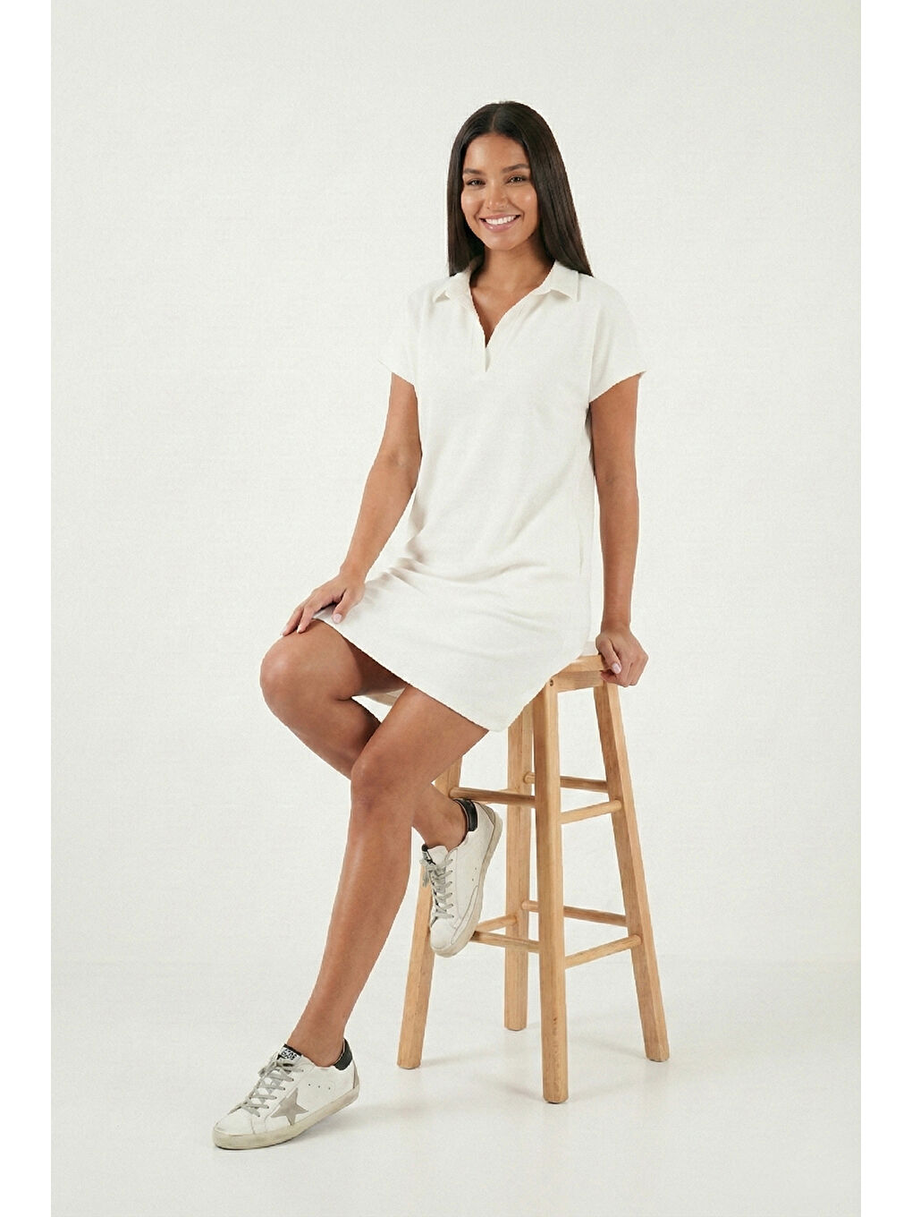 Ekru Regular Fit Polo Yaka Mini Kadın Elbise 5866153-3