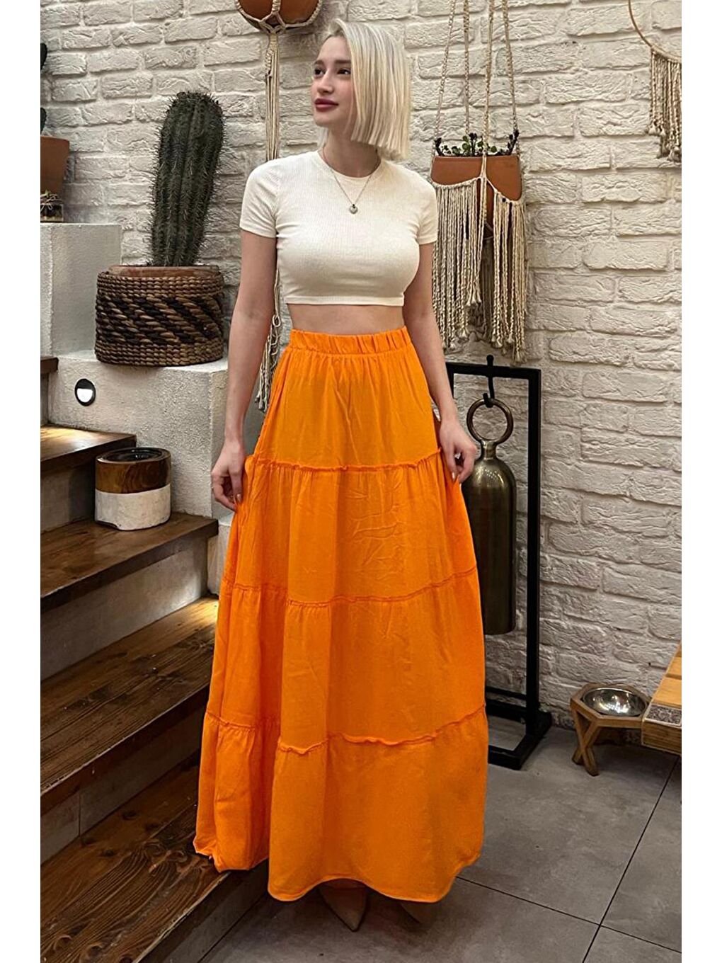 Turuncu Basic Pileli Kadın Uzun Etek-4