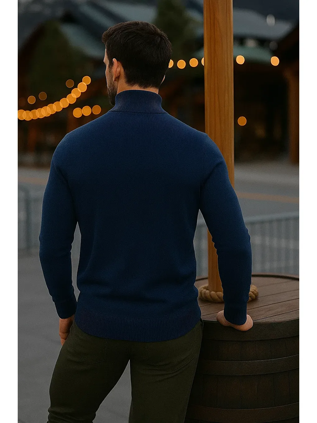 Erkek Basic Kışlık Yarım Boğazlı Uzun Lacivert Kazak-3
