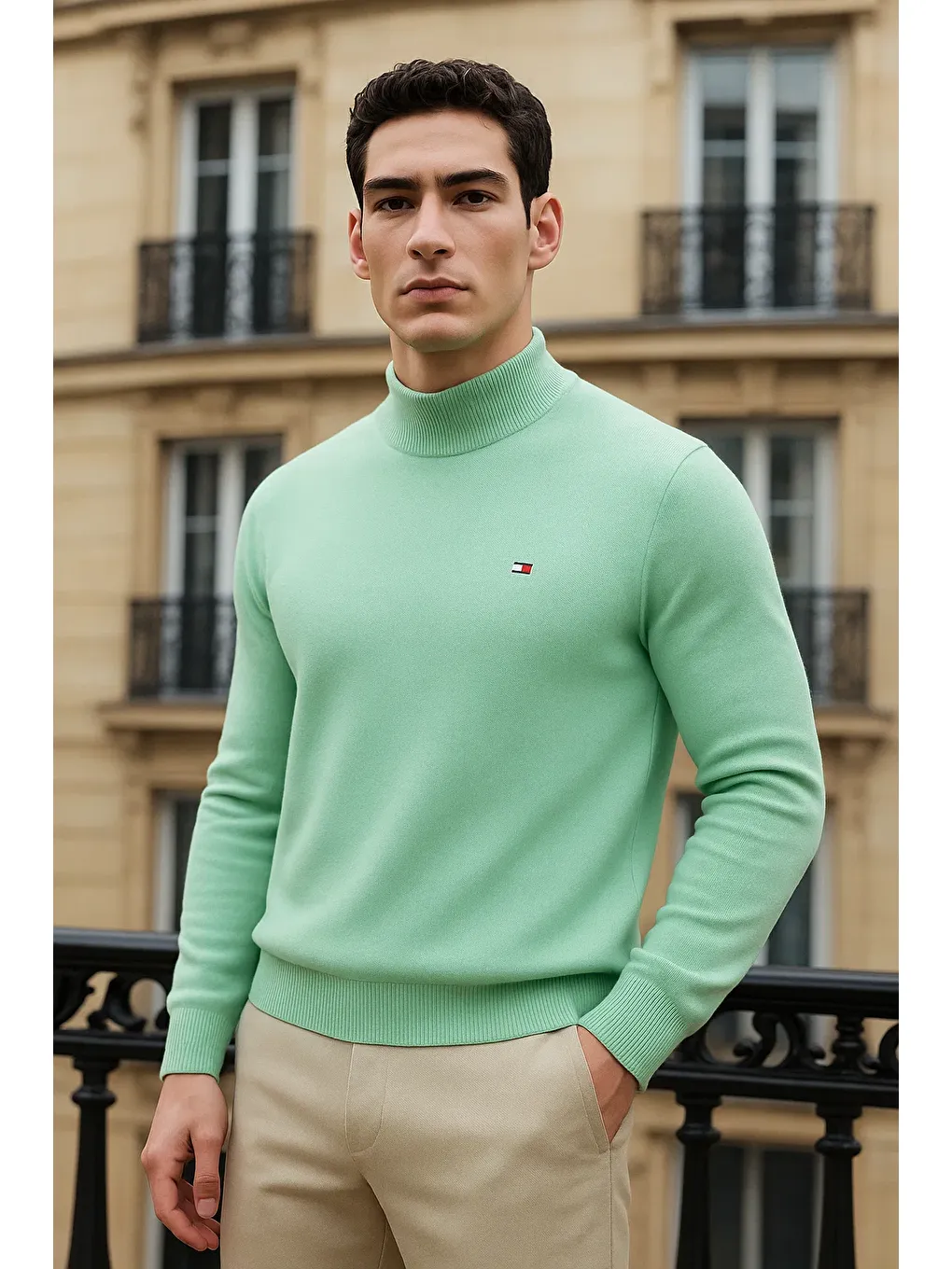 Yeşil Erkek Trend Kışlık Yarım Boğazlı Mint Triko Kazak-1