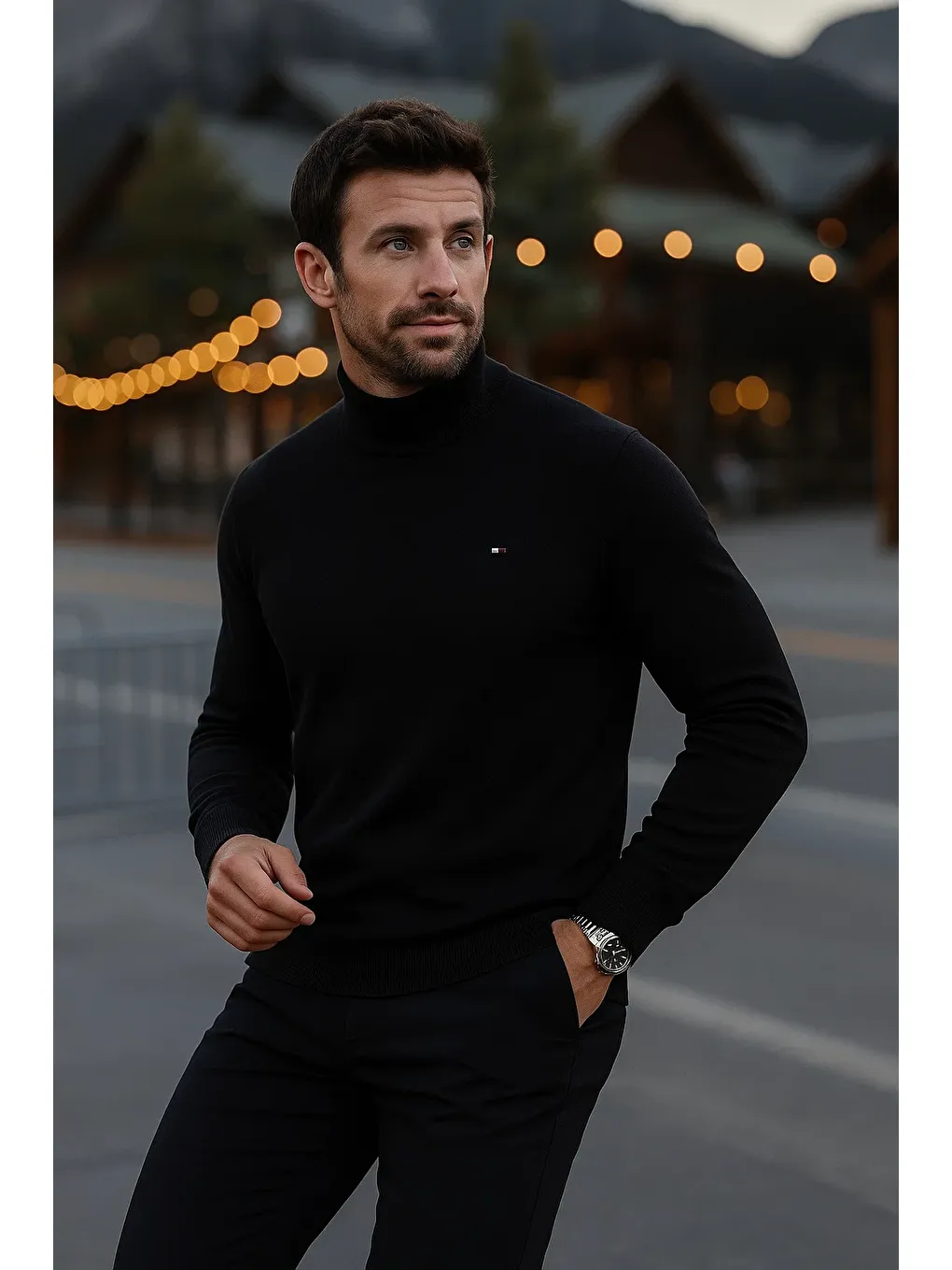 Erkek Basic Kışlık Yarım Boğazlı Uzun Siyah Kazak-1