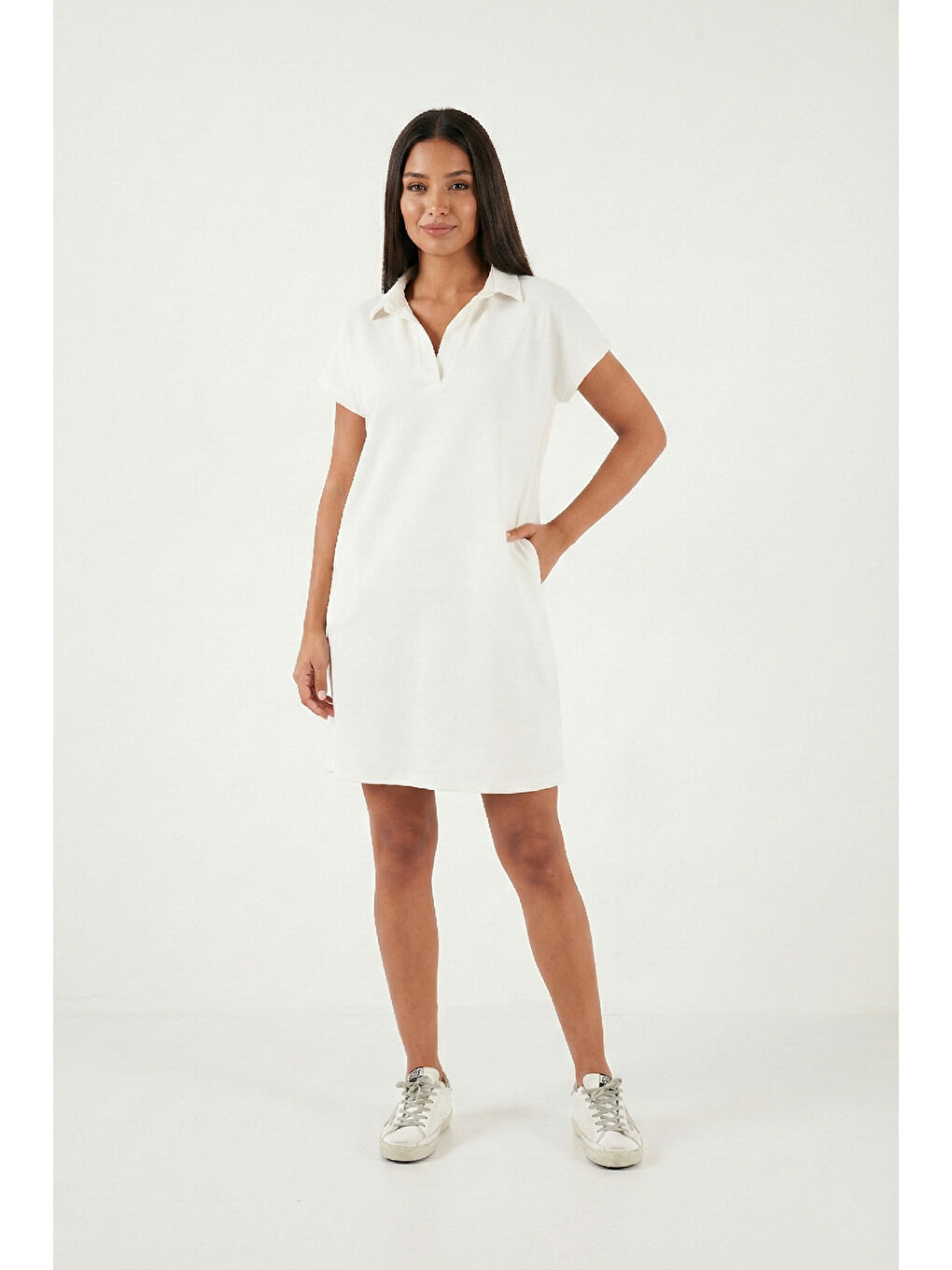 Ekru Regular Fit Polo Yaka Mini Kadın Elbise 5866153-4