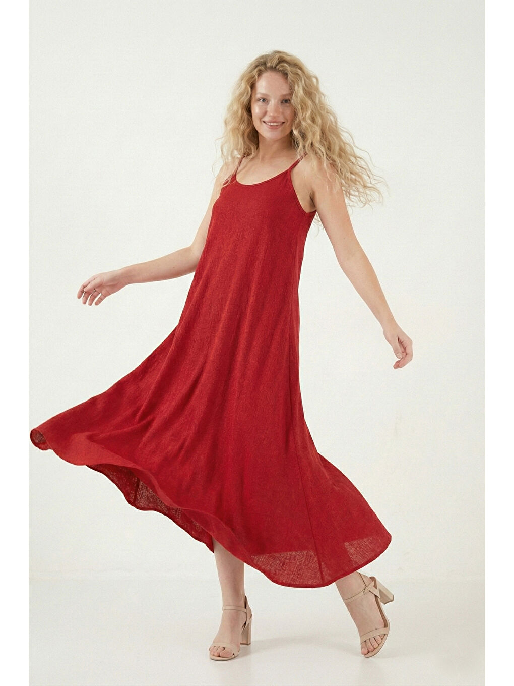 Kırmızı Regular Fit İp Askılı Uzun Kadın Elbise 5865732-5