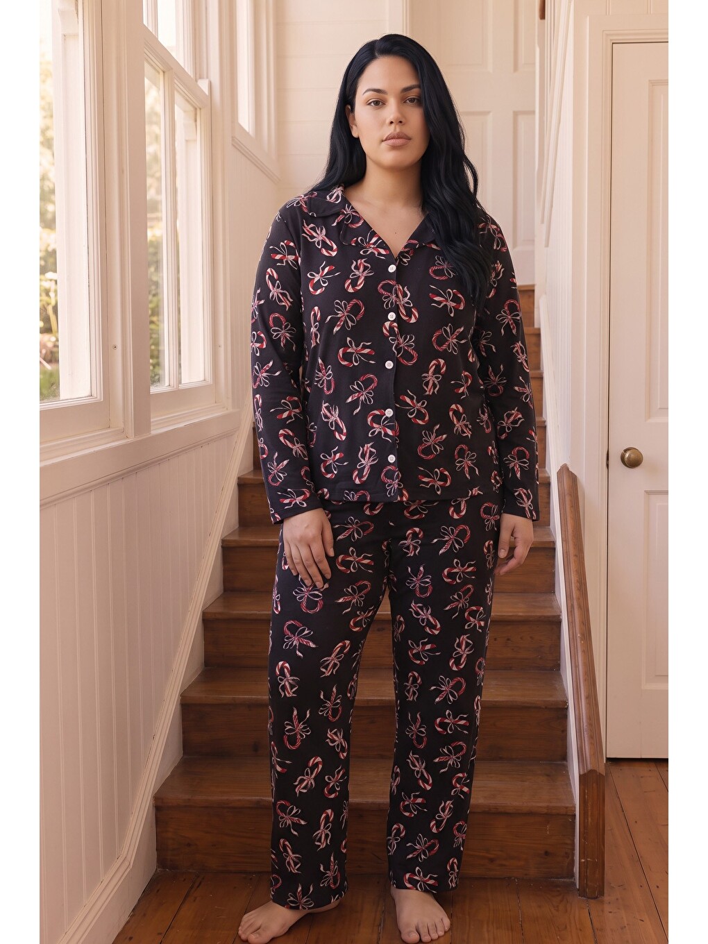 Siyah Desenli Termal Kumaşlı Ultra Soft Yumuşak Büyük Beden Battal Boy Düğmeli Örme Pijama Takımı-1