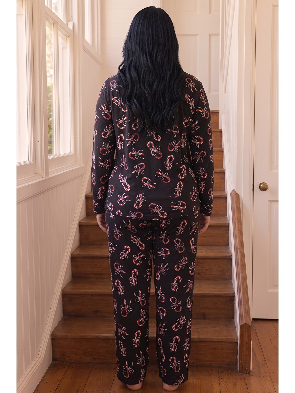 Siyah Desenli Termal Kumaşlı Ultra Soft Yumuşak Büyük Beden Battal Boy Düğmeli Örme Pijama Takımı-2