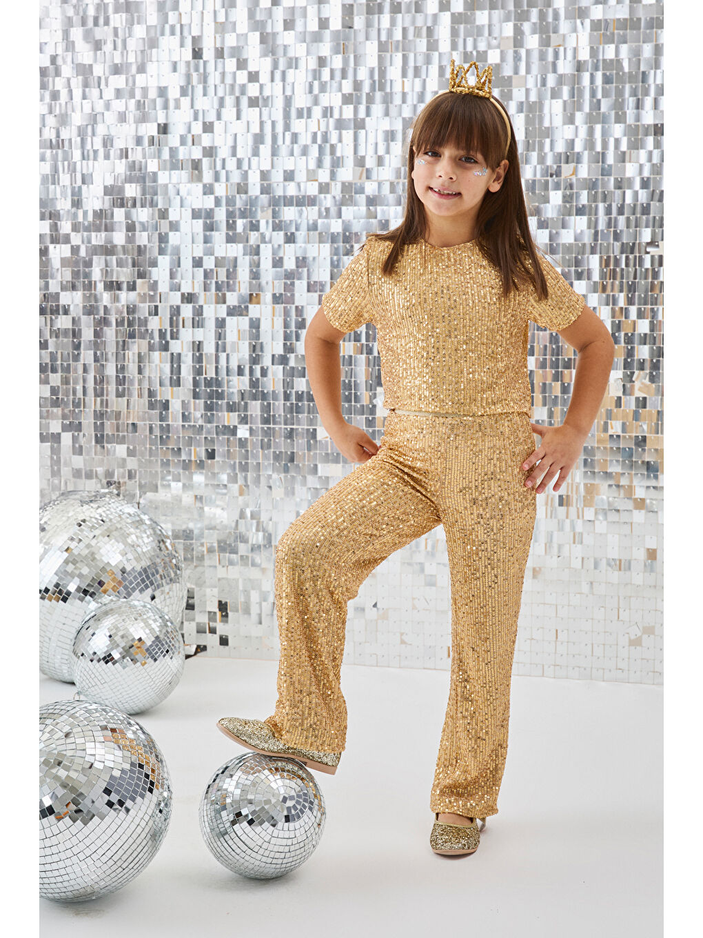 Sarı Altın Pullu Kız Çocuk Alt Üst Takım - Effie