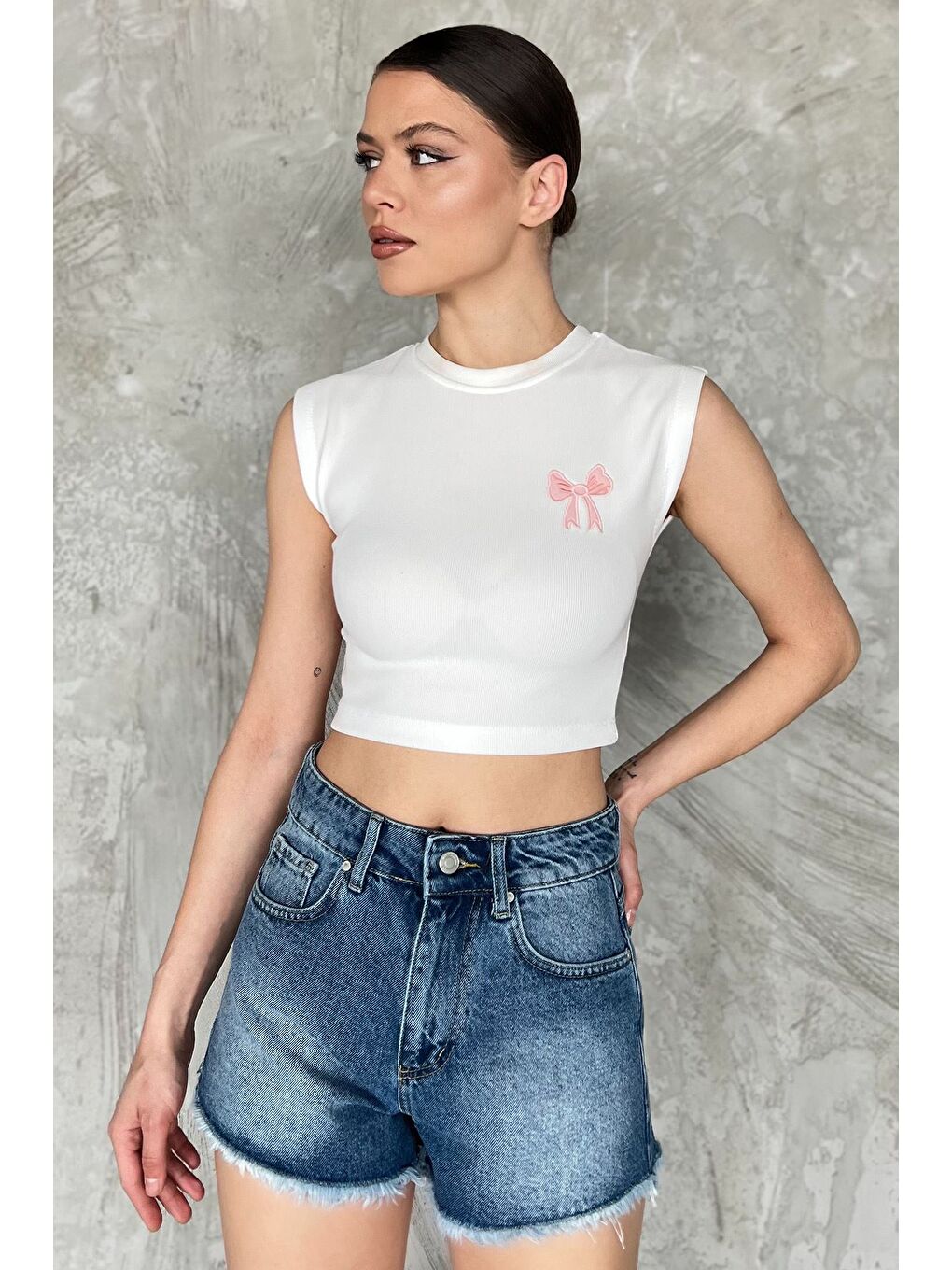 Ekru Kadın Japone Kol Fiyonklu Fitilli Crop Top Bluz-1