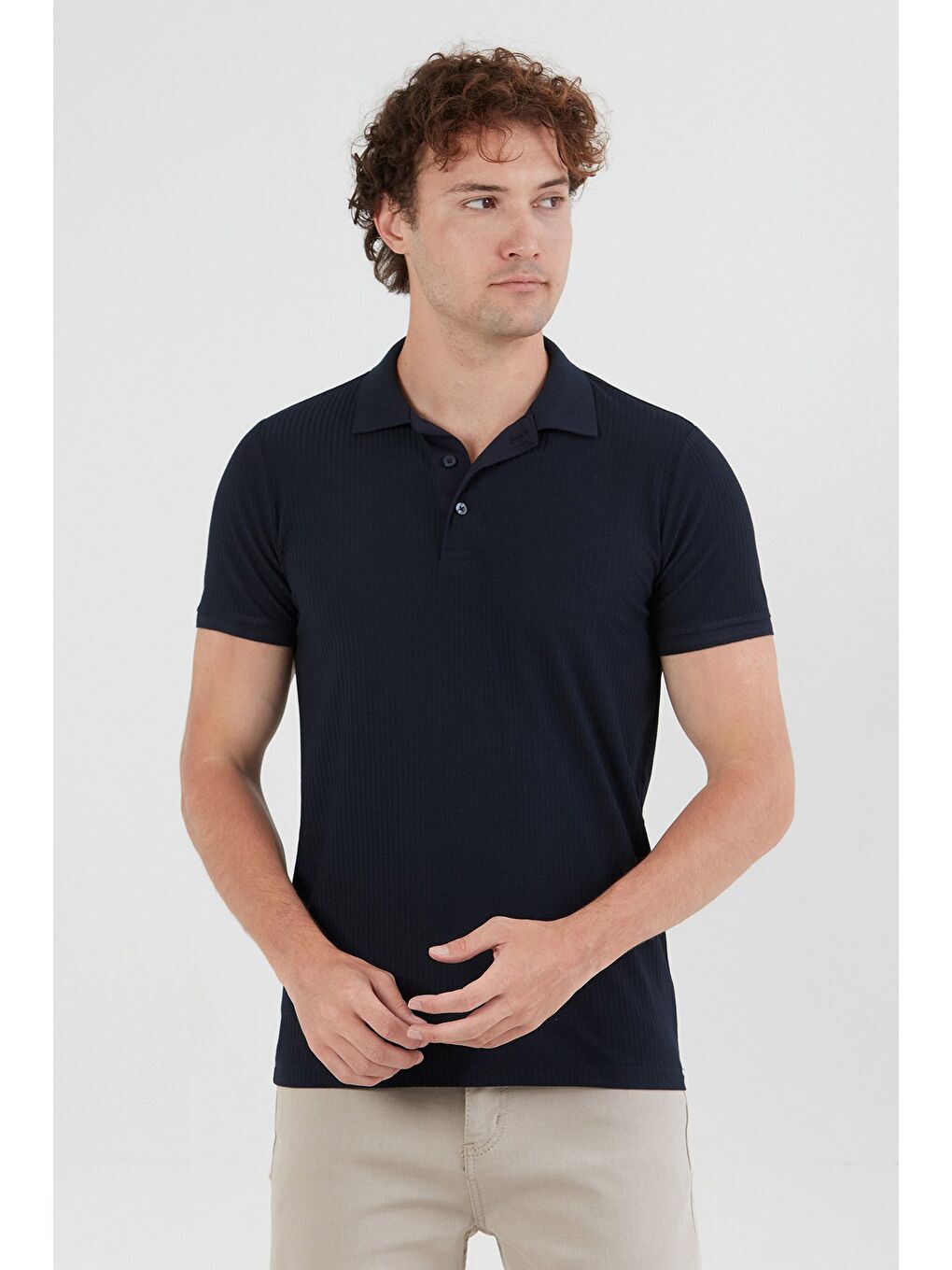 Lacivert Fitilli Düğmeli Polo Yaka Slim Fit Tişört