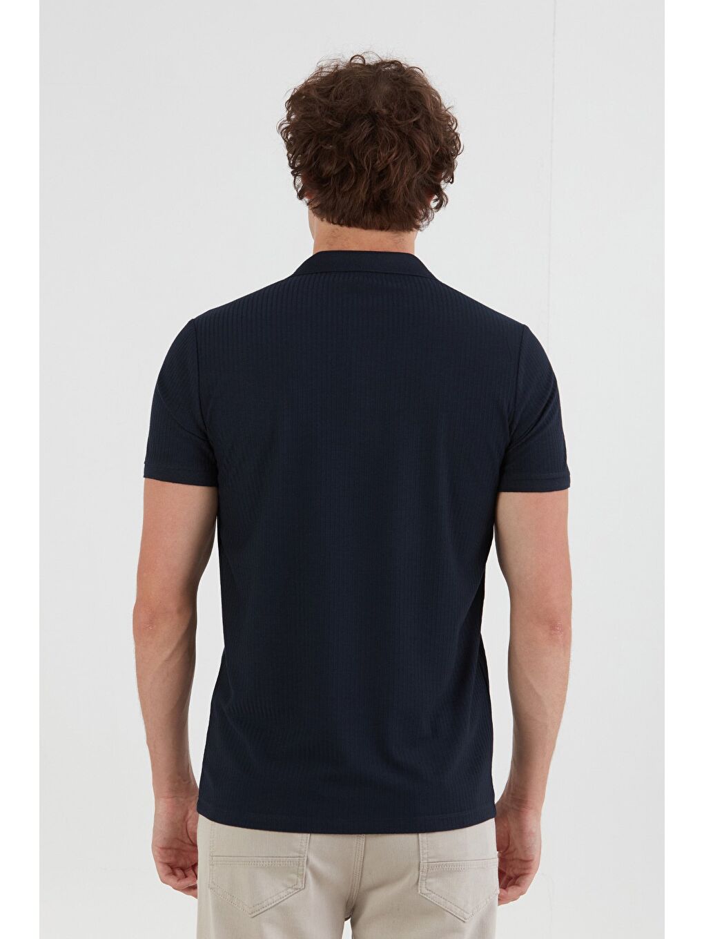 Lacivert Fitilli Düğmeli Polo Yaka Slim Fit Tişört-2