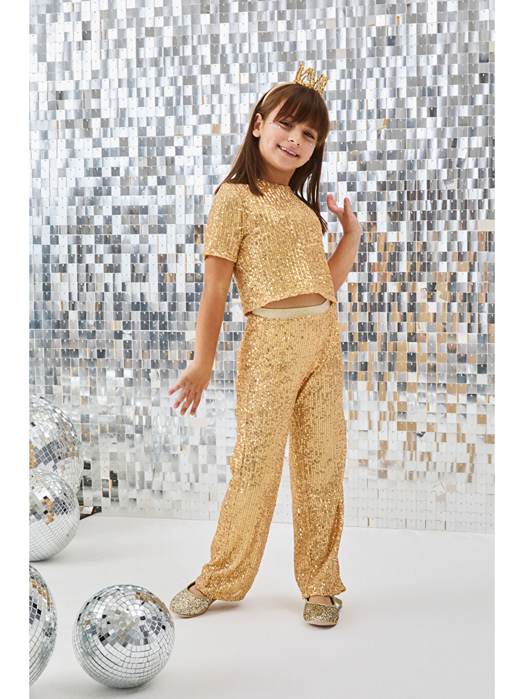 Sarı Altın Pullu Kız Çocuk Alt Üst Takım - Effie-1