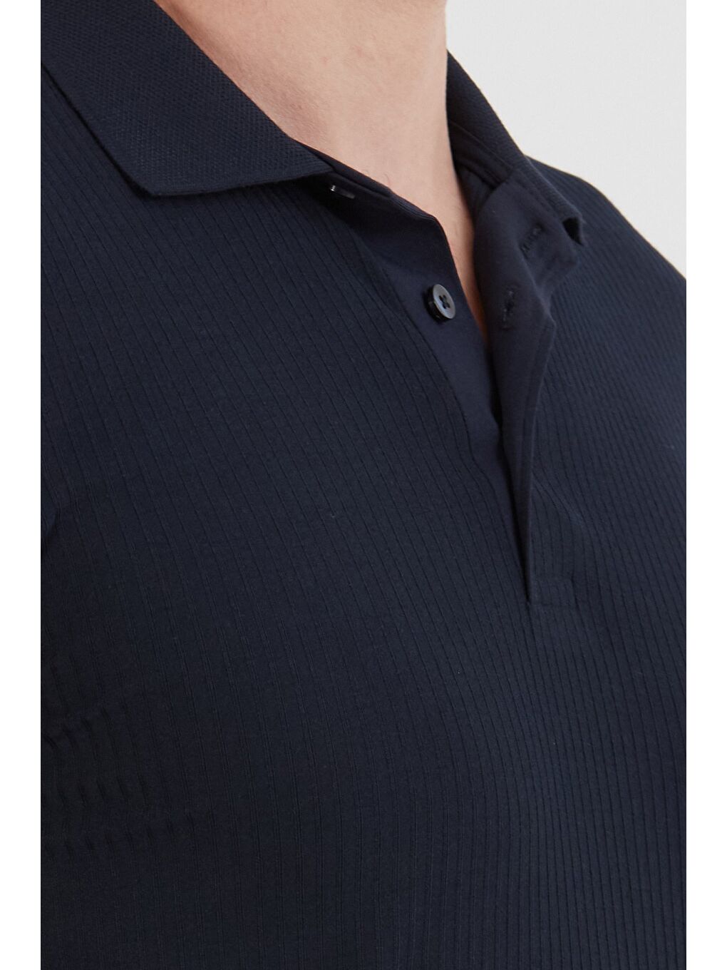 Lacivert Fitilli Düğmeli Polo Yaka Slim Fit Tişört-3