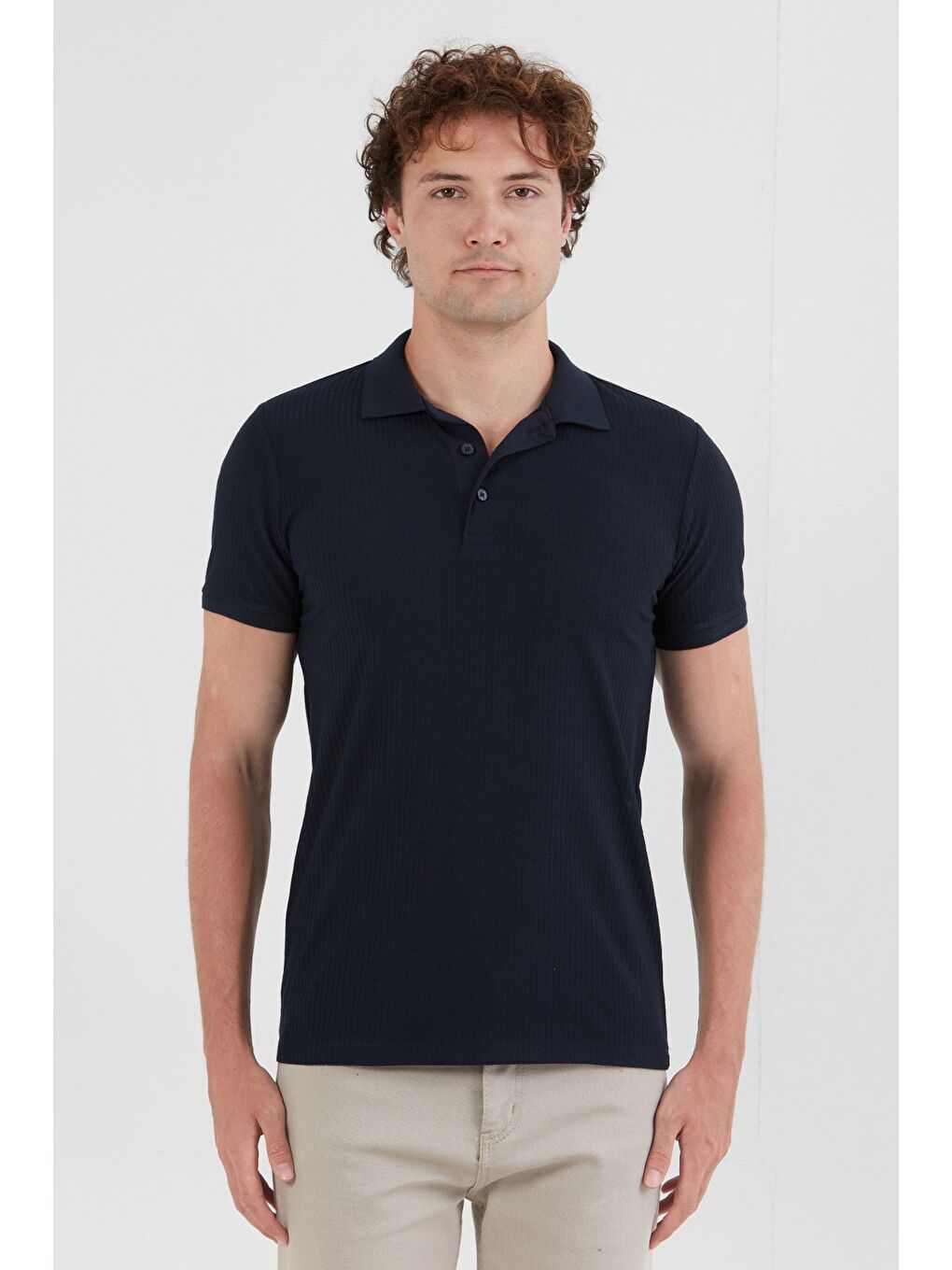 Lacivert Fitilli Düğmeli Polo Yaka Slim Fit Tişört-4