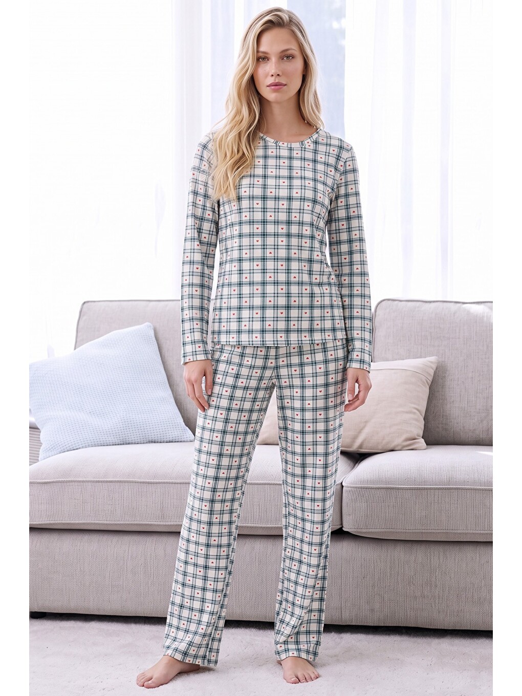 Ekru Ekose Desenli Termal Kumaşlı Ultra Soft Yumuşak Örme Pijama Takımı-1