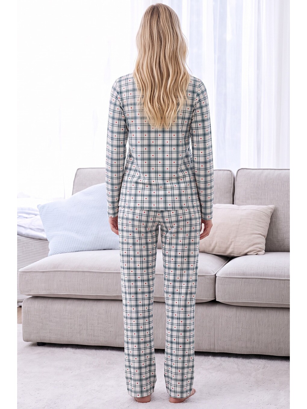 Ekru Ekose Desenli Termal Kumaşlı Ultra Soft Yumuşak Örme Pijama Takımı-2