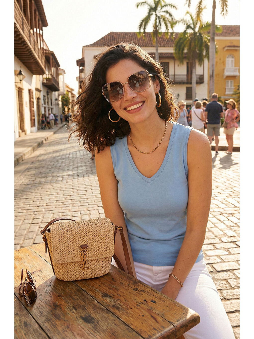 Mavi Kalın Askılı V Yaka Kadın Bluz 5864384-1