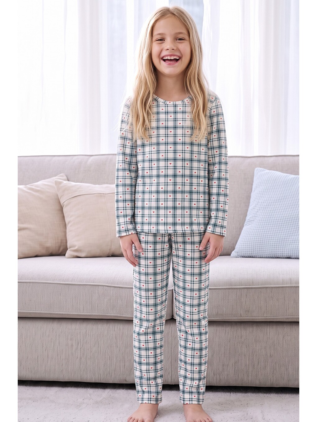 Ekru Ekose Desenli Termal Kumaşlı Ultra Soft Yumuşak Örme Pijama Takımı-3