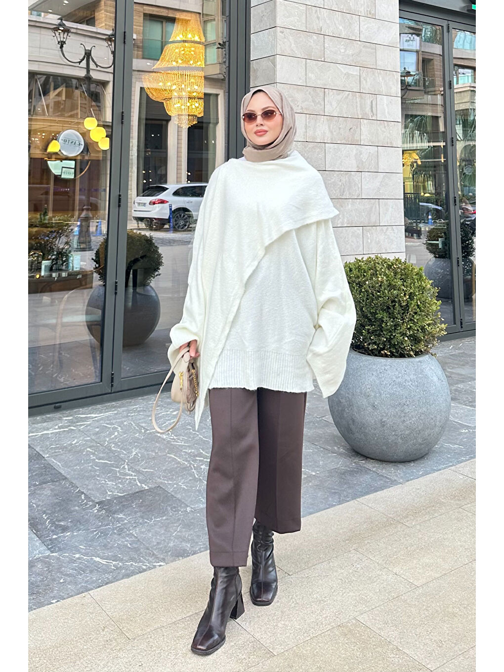 Kadın Şal Detaylı Kazak Beyaz-3