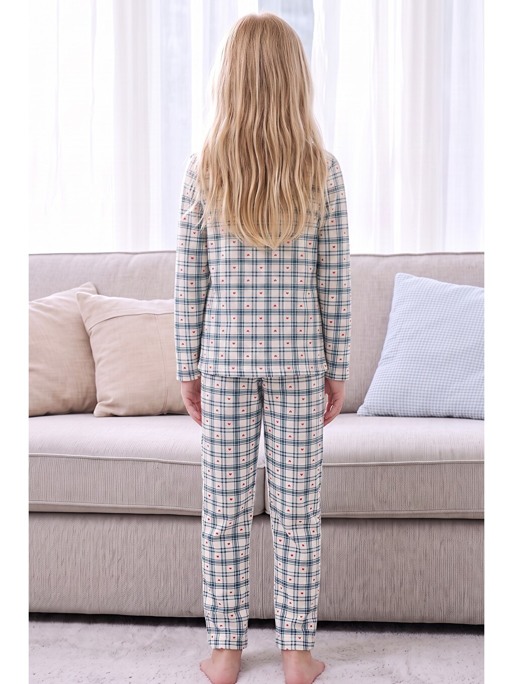 Ekru Ekose Desenli Termal Kumaşlı Ultra Soft Yumuşak Örme Pijama Takımı-4