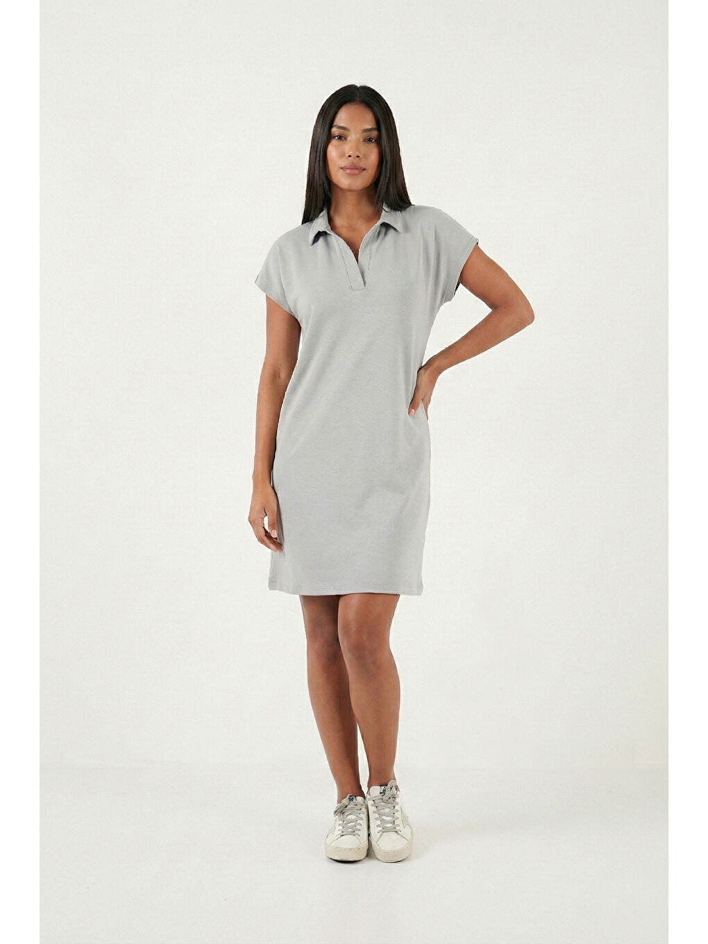 Gri Regular Fit Polo Yaka Mini Kadın Elbise 5866153-2