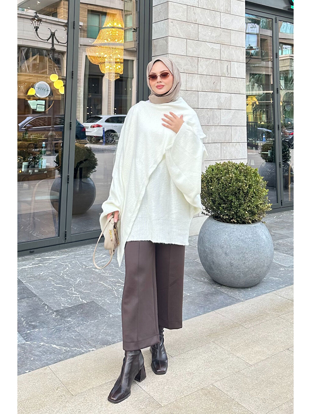 Kadın Şal Detaylı Kazak Beyaz-4