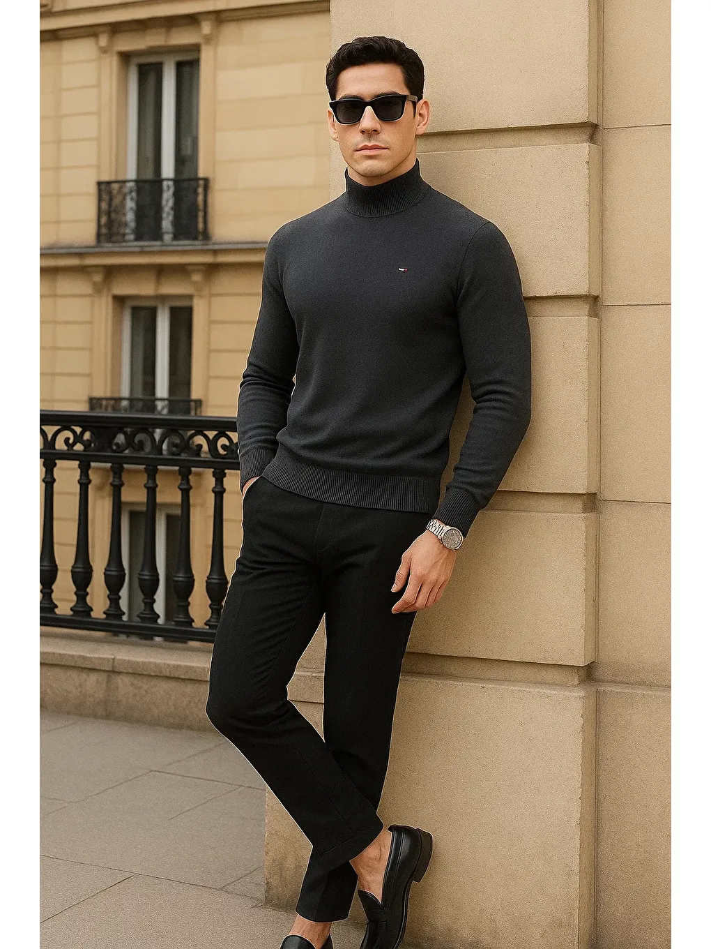 Gri Erkek Trend Kışlık Yarım Boğazlı Füme Triko Kazak-3