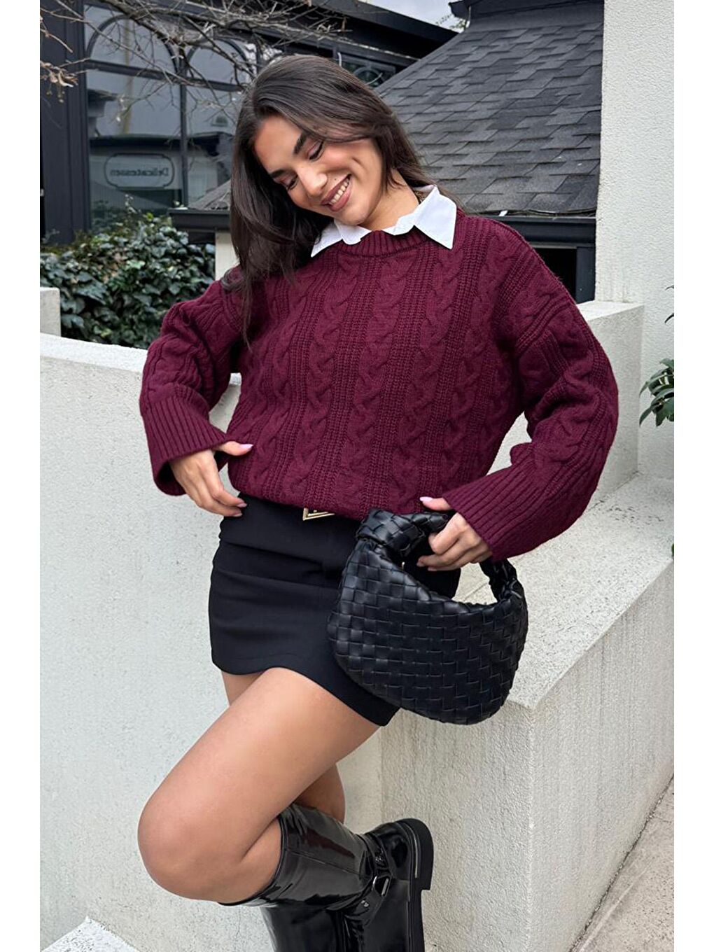 Bordo Bisiklet Yaka Oversize Triko Kazak Mg2009