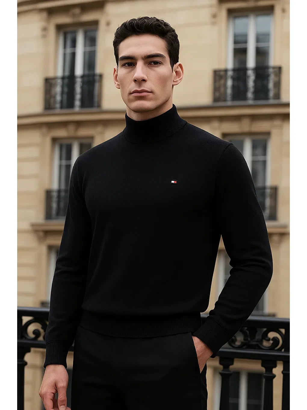 Erkek Trend Kışlık Yarım Boğazlı Siyah Triko Kazak-1