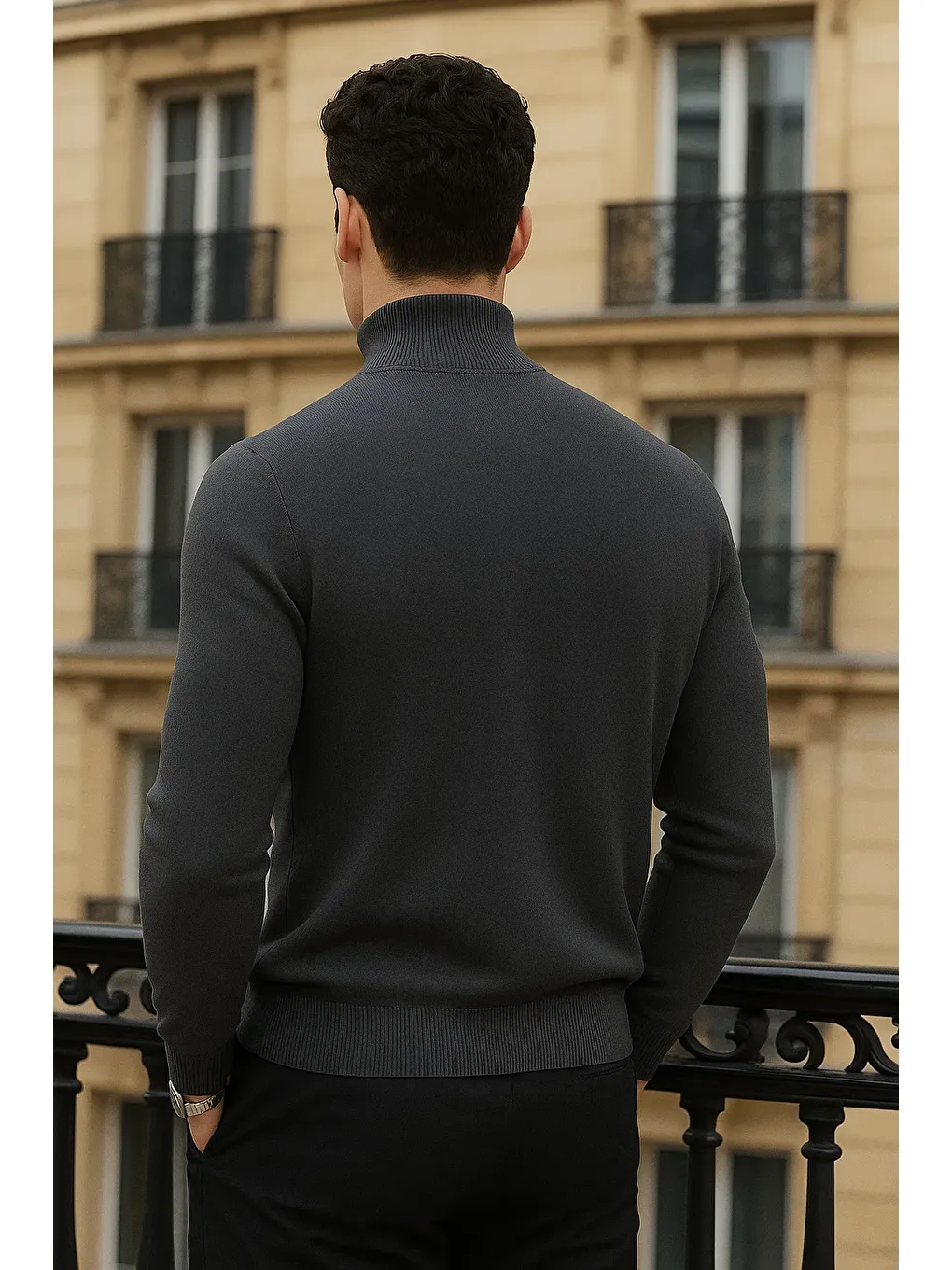 Gri Erkek Trend Kışlık Yarım Boğazlı Füme Triko Kazak-5