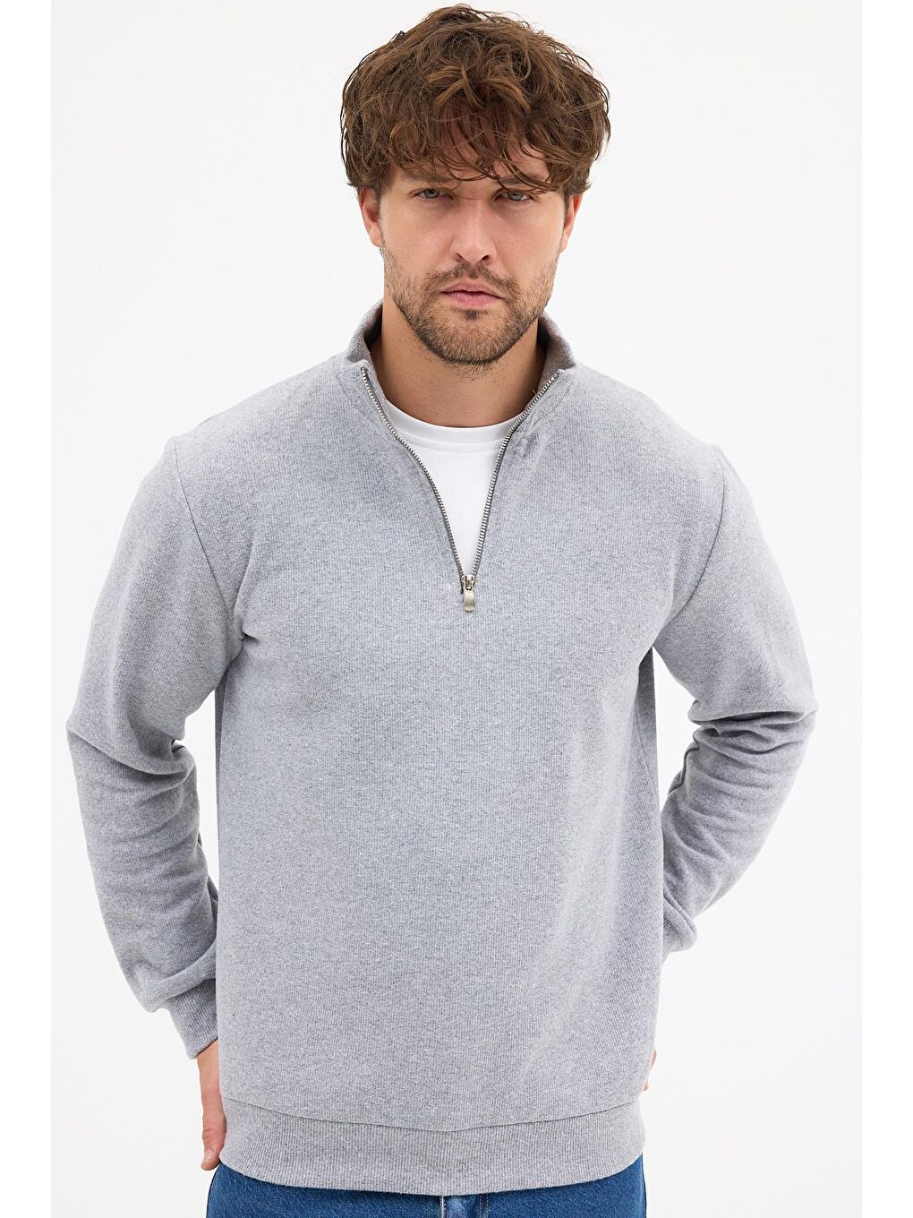 Erkek Gri Standart Fit Normal Kesim Pamuklu Yarım Fermuarlı Dik Yaka Pamuklu Sweatshirt