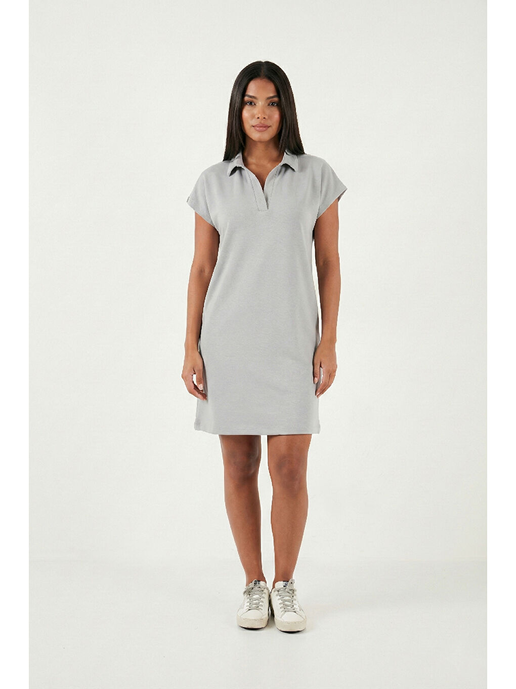 Gri Regular Fit Polo Yaka Mini Kadın Elbise 5866153-4