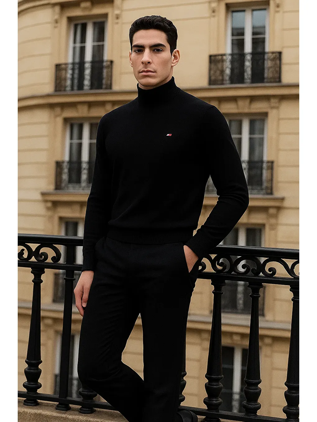 Erkek Trend Kışlık Yarım Boğazlı Siyah Triko Kazak-2