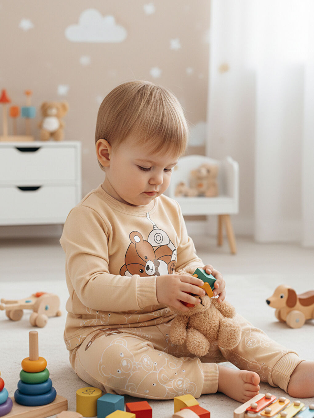 Ekru %100 Pamuklu Krem Ayıcıklı Çocuk Pijama Takımı 1-6 Yaş-3