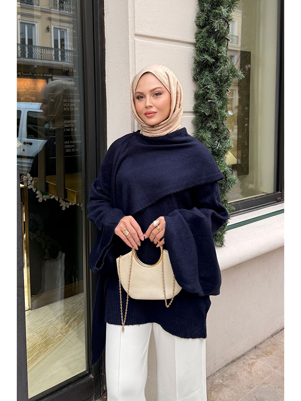 Kadın Şal Detaylı Kazak Lacivert-1